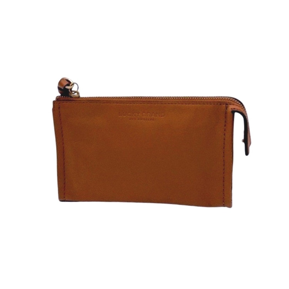 Lucky Brand Cognac Leather Wristlet Clutch Zip Pouch Wallet Bag Brown